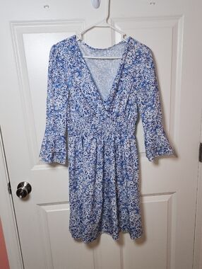 Blue Floral V-Neck Smocked Waist Dress